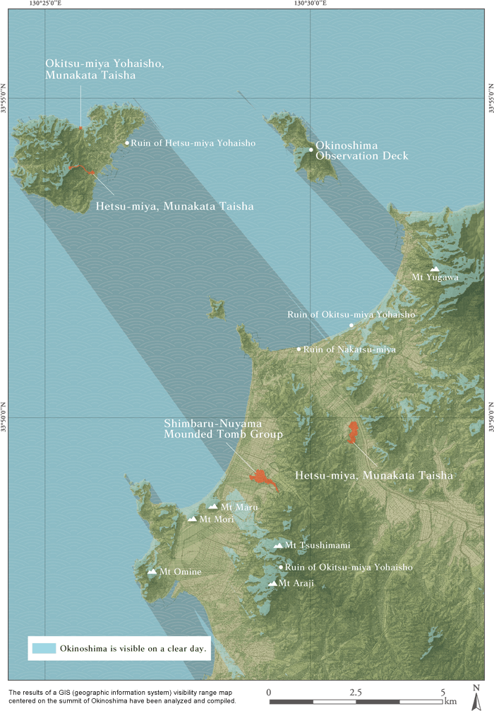 The results of a GIS (geographic information system) visibility range map centered on the summit of Okinoshima have been analyzed and compiled.