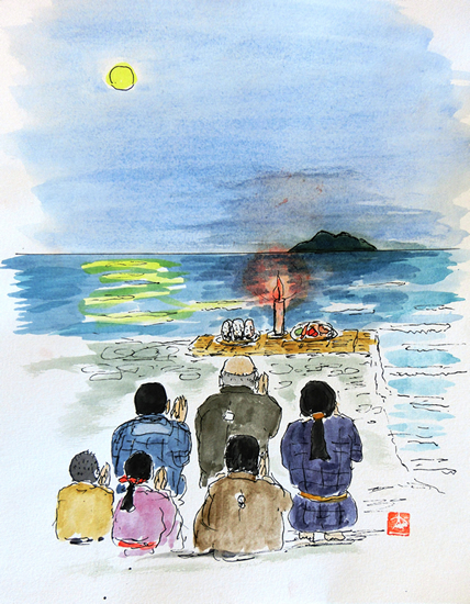 福津市〔ふくつし〕の海岸で行われた「沖ノ島ごもり」の想像図〔そうぞうず〕 （絵／堀出太一）
