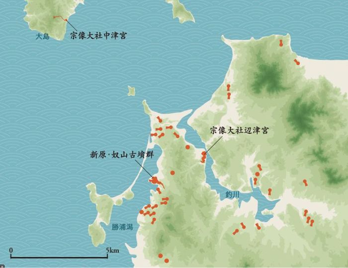 図版：宗像地域の入海範囲と大型古墳の分布図