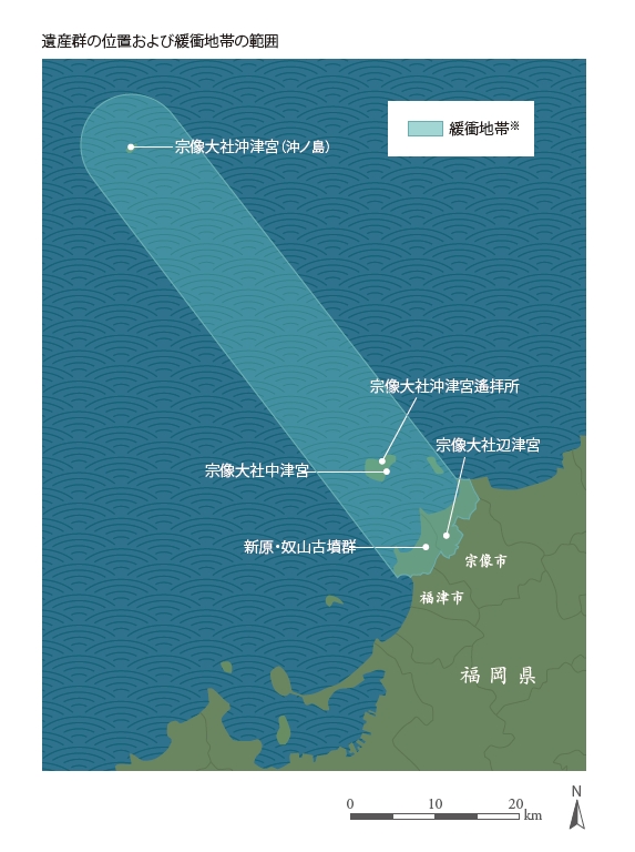 図版：遺産群の位置および緩衝地帯の範囲の図